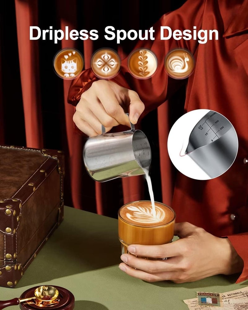 cicike 12 Ounces Stainless Steel Milk Frothing Pitcher, Measurements on Both Sides, Espresso Machine Accessories, Latte Art Cup with Insulated Handle, Creamer Pitcher for Single-Serve, No-drip or Spillage - Image 3
